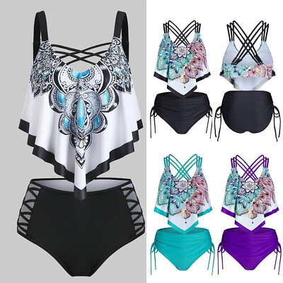 #ad Women Floral Bikini Push Up Padded Flounce Crisscross Vest Briefs 2PCS Swimwear $23.19