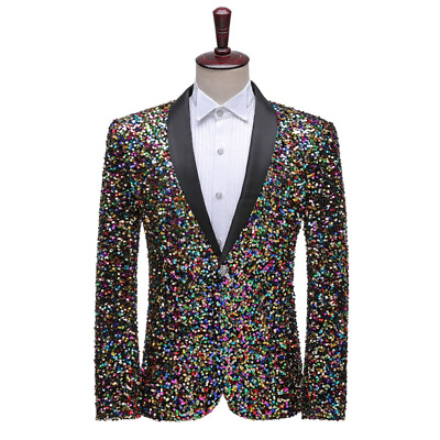 #ad Men Sequin Shawl Lapel Suit Jacket Stage Show Party Tunic Blazer Fancy Dress Top $75.33