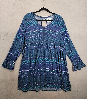 Blue Boho Dress Large Crochet Trim Knee Length V Neck 3 4 sleeve Keyhole Sadie $12.99