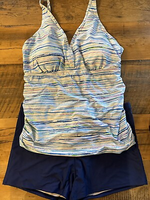#ad Yonique Womens Plus Size Swimsuit 2pc Tankini Blue amp; White 20W NWT $19.99