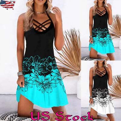 #ad Sexy Women Floral Sleeveless Dress Ladies Casual Summer Beach Sundress Holiday $16.49