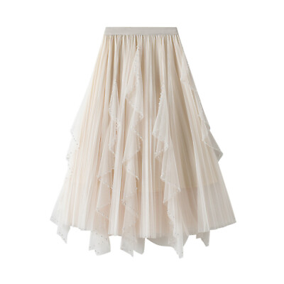 #ad Women#x27;s Irregular Ruffle Hem Fairy Tulle Solid Color Midi Beach Long Skirts $36.76