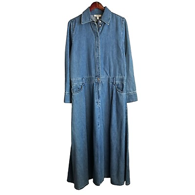 COS Women#x27;s Size 12 Blue A line Denim Dress Long Sleeve Maxi Length Pockets $50.00