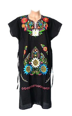 Mexican Embroidered Plus Floral Long Women#x27;s Dress Puebla Black Tunic Dress 3XL $54.00