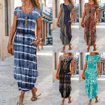 #ad Womens Summer Boho Beach Maxi Shirts Dresses Casual Holiday Long Dress Plus Size $15.76