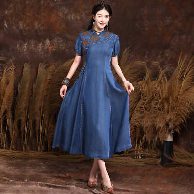 #ad New Women#x27;s Denim Dress Embroidered Maxi Long Shirt Dresses A2609 $69.00