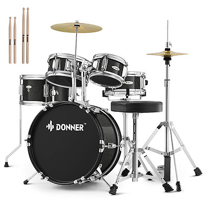 Donner 14quot; 5 Piece Acoustic Drum Set Complete Kids Junior Beginner Kits Black $179.99