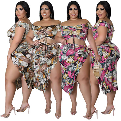 #ad Sexy Plus Size Women Boat Neck Short Sleeves Colorful Print Side Slit Dress 2pcs $33.48