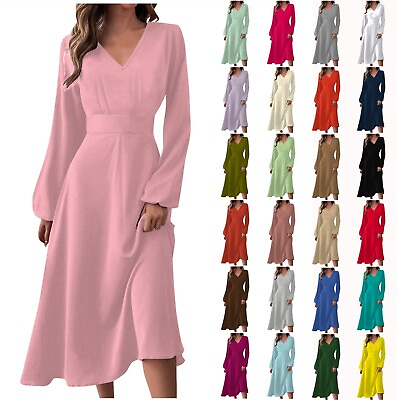 #ad Women#x27;s High Waist Long Sleeve V Neck Party Boho Print Flowy Long Maxi Dresses $26.00