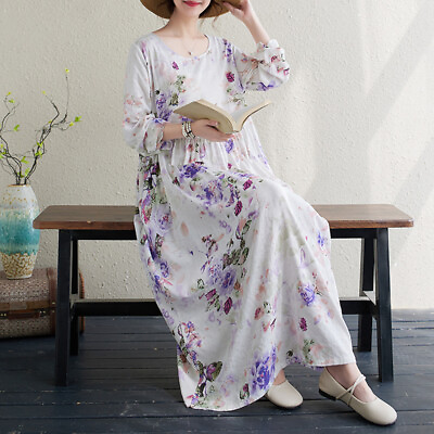 #ad #ad Womens Floral Print Round Neck Long Sleeves Loose Casual Autumn Maxi Dress Gown $42.13