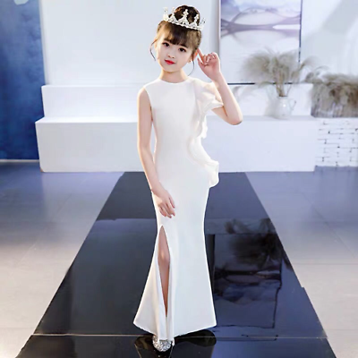 #ad Ruffle White Sexy Side Slit Kid Girl Bodycon Gowns Elegant Mermaid Party Dresses $83.88