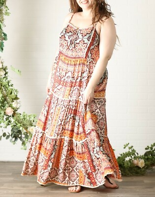 #ad Plus Size Vintage Boho Gypsy Tiered Crochet Lace Trim Cami Maxi Dress 3X 3XL $65.00