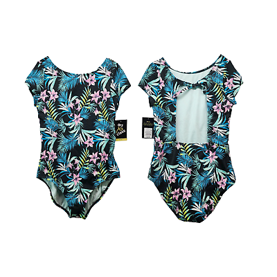 Girls Floral One Piece Swimsuit Cap Sleeve Ribbed UPF 50 Size XL Plus 14 16 $16.98