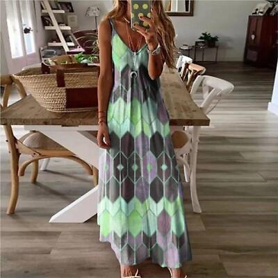 #ad Plus Size Womens Boho Maxi Tank Dress Ladies V Neck Summer Holiday Sundress $26.99