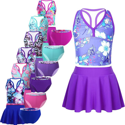 #ad US Kids Girls 2 Piece Tankini Set Swimsuit Crop Top with Skirt Bottom Swimwear $15.80