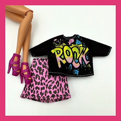 #ad ❤️Fashionistas Barbie Doll Clothes Rock Top Hot Pink Skirt Heels Mattel❤️ $14.98