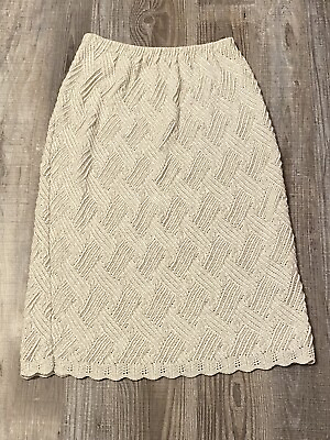 #ad Vintage Knitted Crochet Off White Scalloped Hem High Rise MIDI Skirt Unlined $17.99