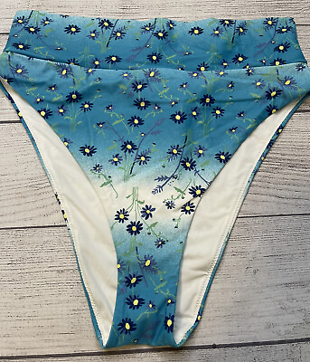 #ad Aerie High Cut Cheeky Bikini Bottom Womens L Blue floral Nylon Blend new sexy $29.04