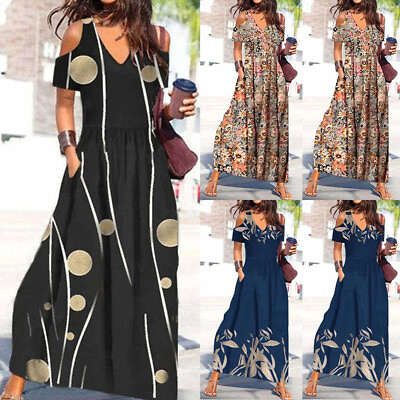 #ad Womens Boho Long Maxi Dress Cold Shoulder Holiday Beach Summer Kaftan Sundress $25.59