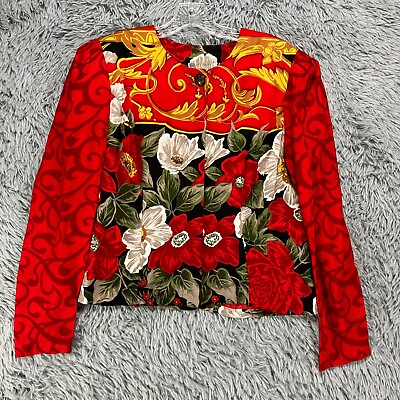 #ad VIntage Melissa Skirt Suit Set Women#x27;s 14 Red Floral Baroque Loud 2 Piece 80#x27;s $39.97