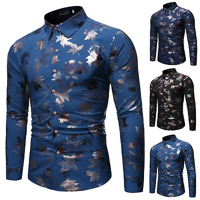 #ad Mens Casual Lapel Long Sleeve Shirts Luxury Bronzing Button Party Dress Shirts $13.80