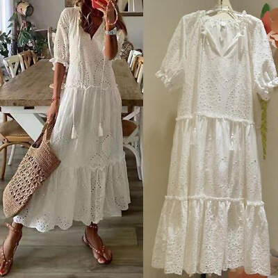#ad #ad Summer Boho Women Maxi Dress Embroidery White Lace long Tunic Hollow Beach Dress $24.70