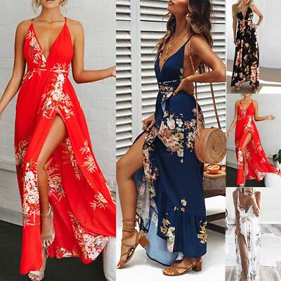 Womens Summer Floral Boho Maxi Long Dress Holiday Beach Split Strappy Sundress $19.28