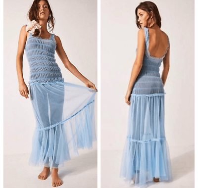 #ad Free People Smock About It Slip Maxi Dress Size XS Baby Blue Sheer Intimately $49.99