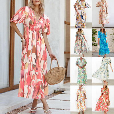 #ad Women Boho Floral V Neck Midi Dress Ladies Holiday Beach Party Swing Sun Dresses $38.89