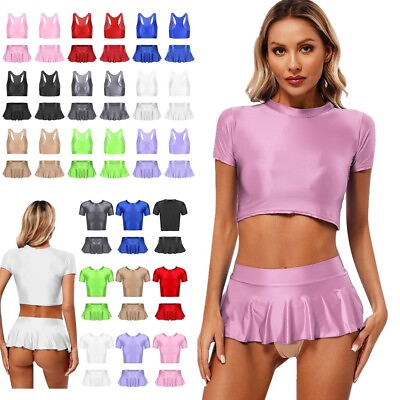 #ad Women#x27;s 2 Piece Outfits Glossy Stretchy Crop Tops with Ruffled Skirt Outfits $13.49