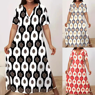 #ad Plus Size Womens Summer V Neck Short Sleeve Printed Sundress Beach Maxi Dresses $26.03