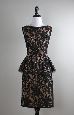#ad TADASHI SHOJI $388 Black Lace Beige Lined Peplum Pencil Evening Dress Size 10 $69.99