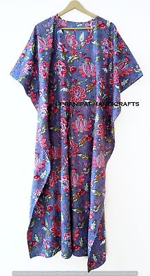 #ad Indian Grey Long Floral Print Cotton Hippie Maxi Women Nightwear Caftan Dress $22.55