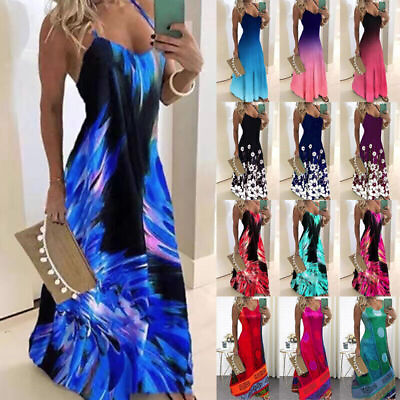 #ad #ad Women Holiday Beach Sleeveless Long Maxi Dress Floral Boho V Neck Swing Sundress $19.89
