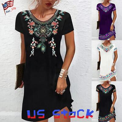 #ad Womens Boho Floral Short Sleeve Mini Dress Ladies Summer Holiday Beach Dress NEW $18.99
