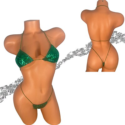 Emerald Green holographic String Bikini one size exotic dancewear tanning sexy $25.00