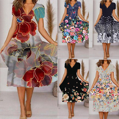 #ad BOHO Womens Summer Floral V Neck Midi Dress Holiday Short Sleeve Swing Sundress $21.86