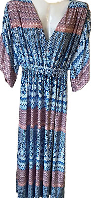 #ad Ellos Womens Plus 2X Cottage Core Boho Blue Pink Maxi Tie Back Stretch Dress $34.88