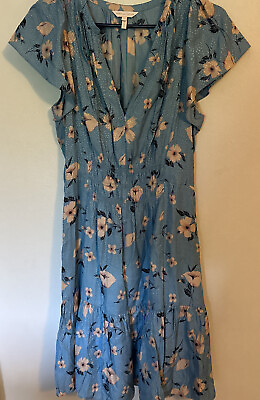 Rebecca Taylor blue Floral Print summer Dress Size 6 Preowned Silk Blend Cap Sle $36.00