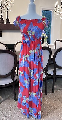 #ad Lulu’s Patsy Red Floral Maxi Dress Smocked Bodice Split Side MEDIUM NEW W TAGS $28.35