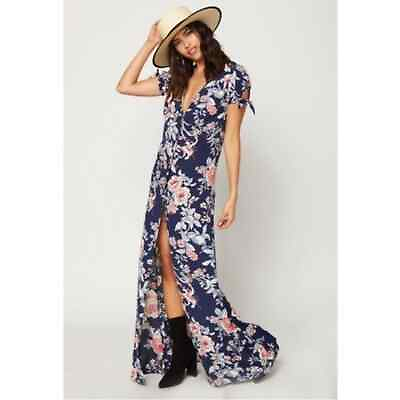 Flynn Skye Navy Floral Maxi Dress Front Thigh High Slit Size Medium Boho $39.95