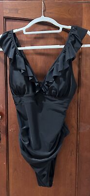#ad #ad Women’s One Piece Swimsuit Black With Ruffle Top $7.50