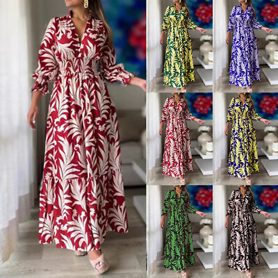 #ad Women#x27;s V Neck Floral Printed Boho Maxi Dress Ladies Casual Long Sleeve Dresses $14.71