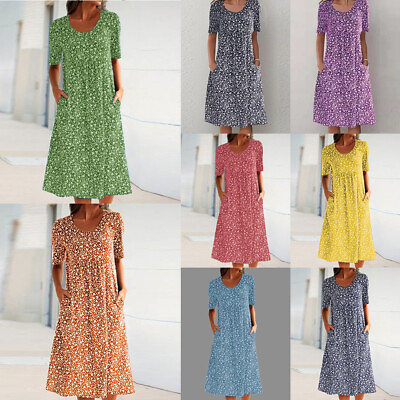 #ad Womens Boho Floral Midi Dress Ladies Summer Holiday Pockets Sundress Plus Size $21.19