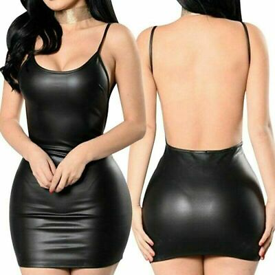 #ad Women Sexy Mini Dress Black Faux Leather Backless Club Party Short Bodycon Dress $7.88
