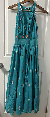 #ad Anthropologie Floreat Embroidered Maxi Dress Size XS 0 Blue Orange Flowy Tassels $42.99