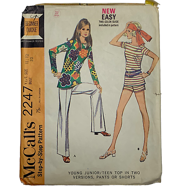 Vintage 60s McCalls 2247 Pattern Junior Teen 5 14 2 Mod Tops Pants Shorts Cut $29.96