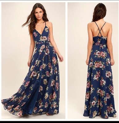 Lulu#x27;s Dress Blue Always There For Me Navy Blue Floral Print Wrap Maxi Medium $69.99