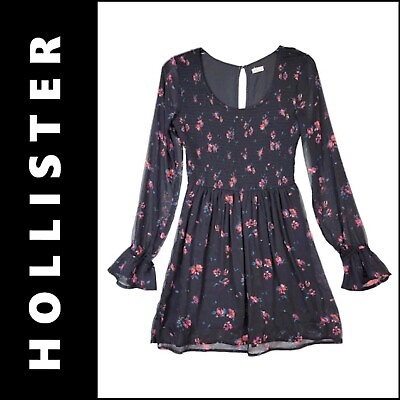 #ad Hollister Women Floral Stretch Boho Dress Long Mesh Sleeves Size Small Black $25.95
