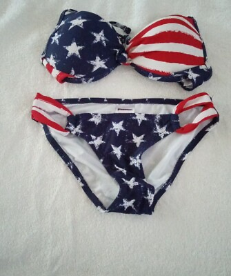 #ad XHILARATION 2 PIECE Patriotic Bikini Push up Top XS Bottoms XS USA FLAG $12.00